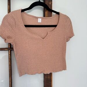 H&M Ribbed Knit V-Neck Top in Tan